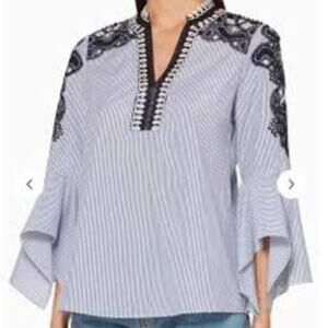 KOBI HALPERIN Skylyn Crochet Trimmed Navy Striped‎ Bell Sleeve Blouse Sz S